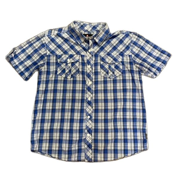 Southpole Blue White Plaid Cotton Blend Short Sleeve Button Front Shirt Size L - Picture 1 of 12